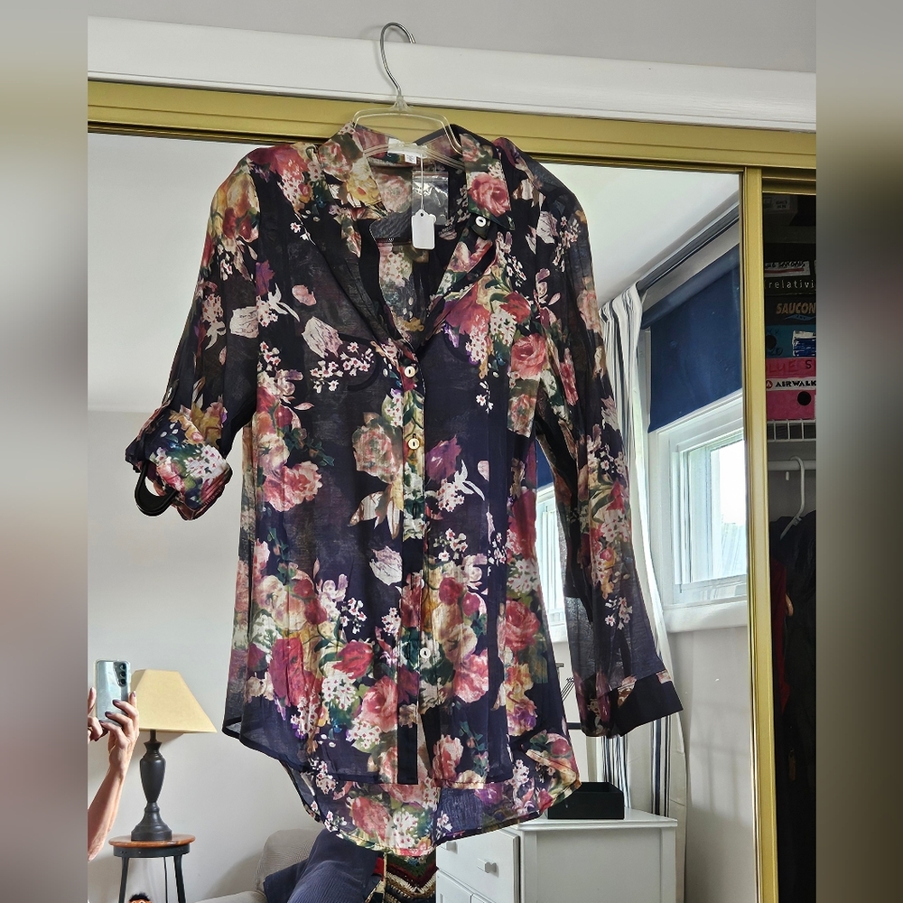 Long Sleeve Navy Floral Button Down